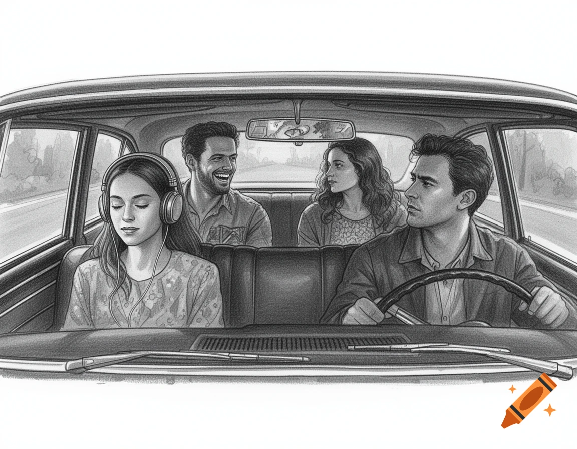 Black and white pencil drawing of four people in a car: a peaceful woman with headphones, a laughing man, a thoughtful woman looking out, and a driver.