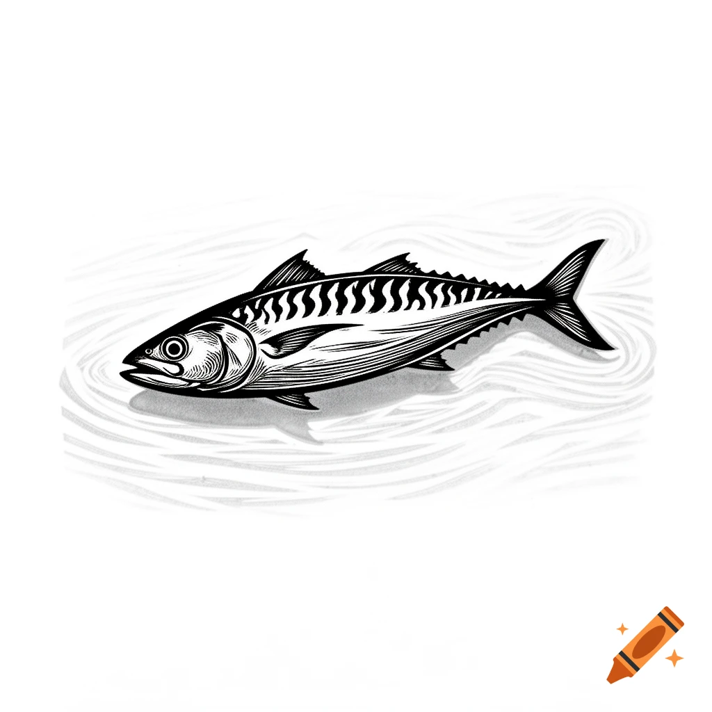 A black and white linocut illustration of a mackerel with striped patterns on its back, swimming amidst wavy lines.