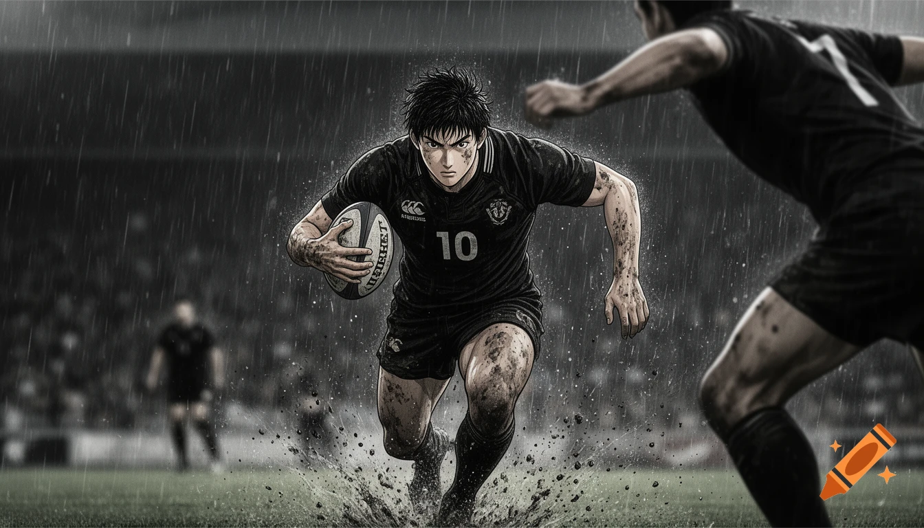 Manga-style illustration of a muddy rugby player with number 10 jersey, running in heavy rain with the ball, an opponent blurred in foreground.