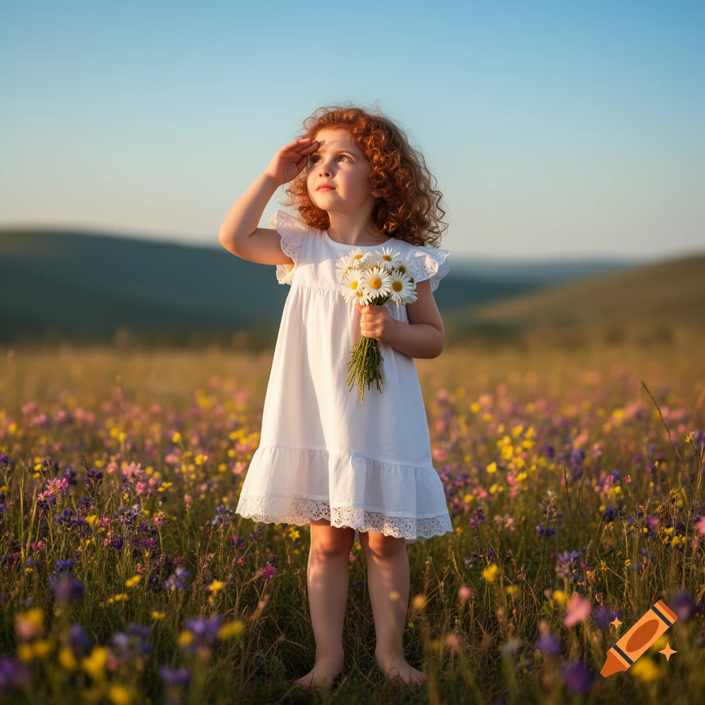 A red-haired little girl in a white dress stands barefoot in a field of wildflowers, holding daisies and looking up, hand shading her eyes.