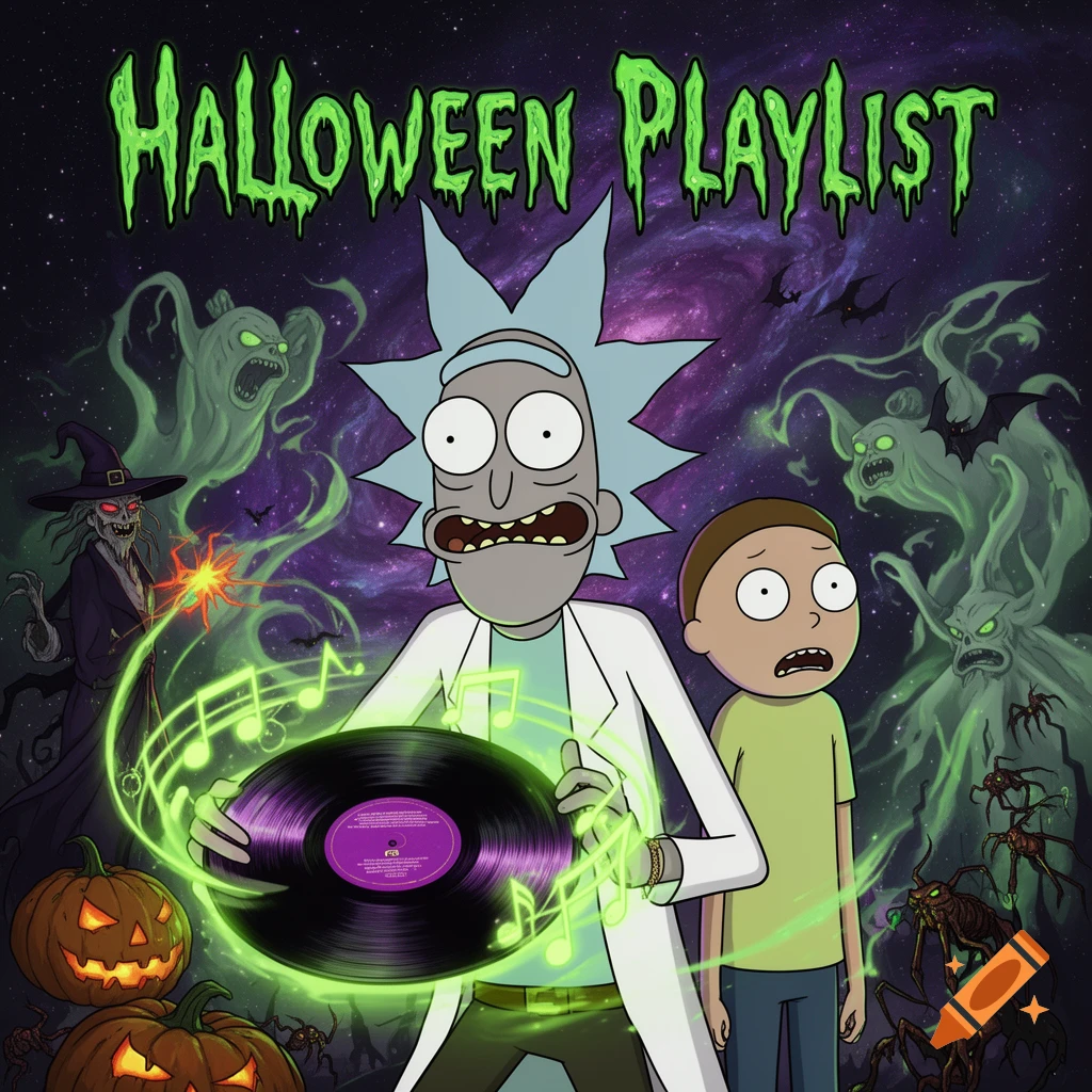 Rick and Morty on a spooky Halloween playlist cover with Rick holding a glowing vinyl, ghosts, a witch, and pumpkins.