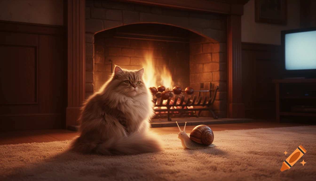 A fluffy cat and a small snail sit on a warm carpet by a rustic fireplace with roasting chestnuts, in a wood-paneled room with a TV. Photorealistic.