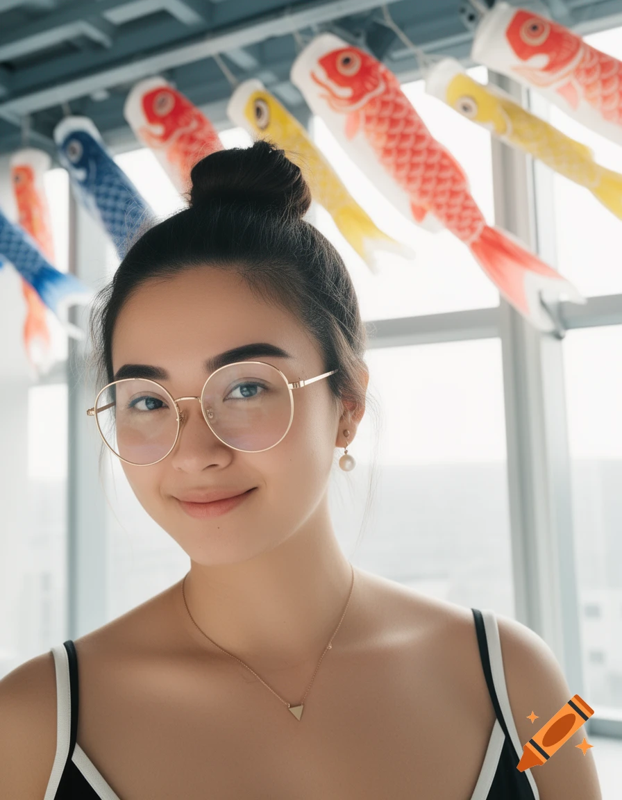 A young woman with a high bun, round glasses, and a pearl earring smiles subtly, with colorful koinobori banners in the background.