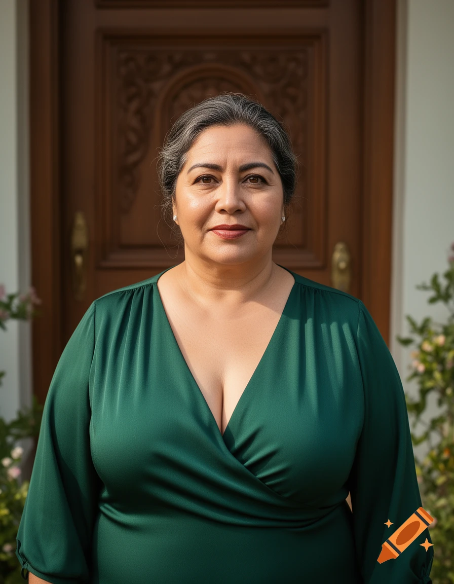 A photorealistic portrait of an older woman with graying hair and a deep green V-neck dress, standing in front of a carved wooden door.