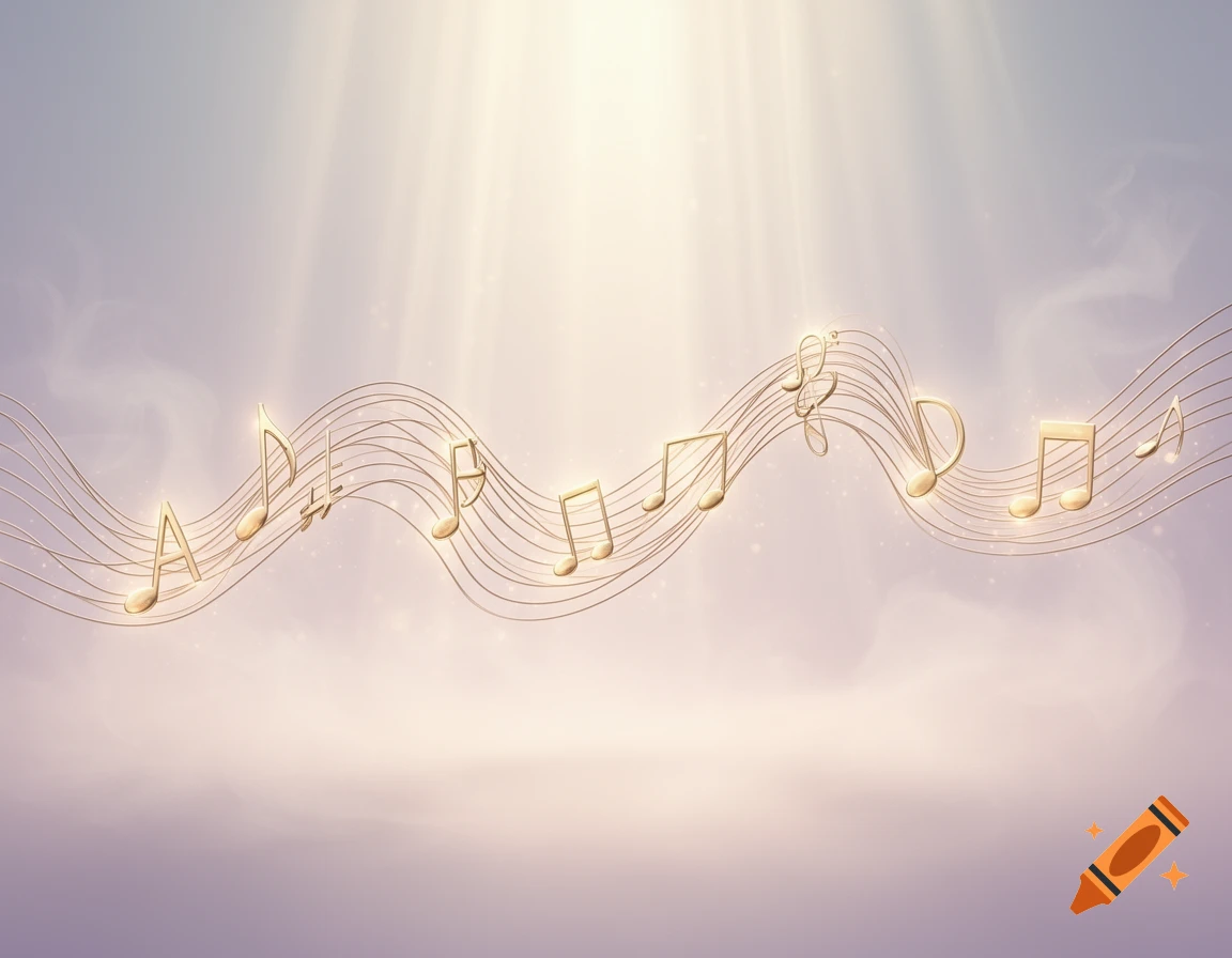 Golden musical notes and symbols float on wavy staff lines against an ethereal, light-filled background.