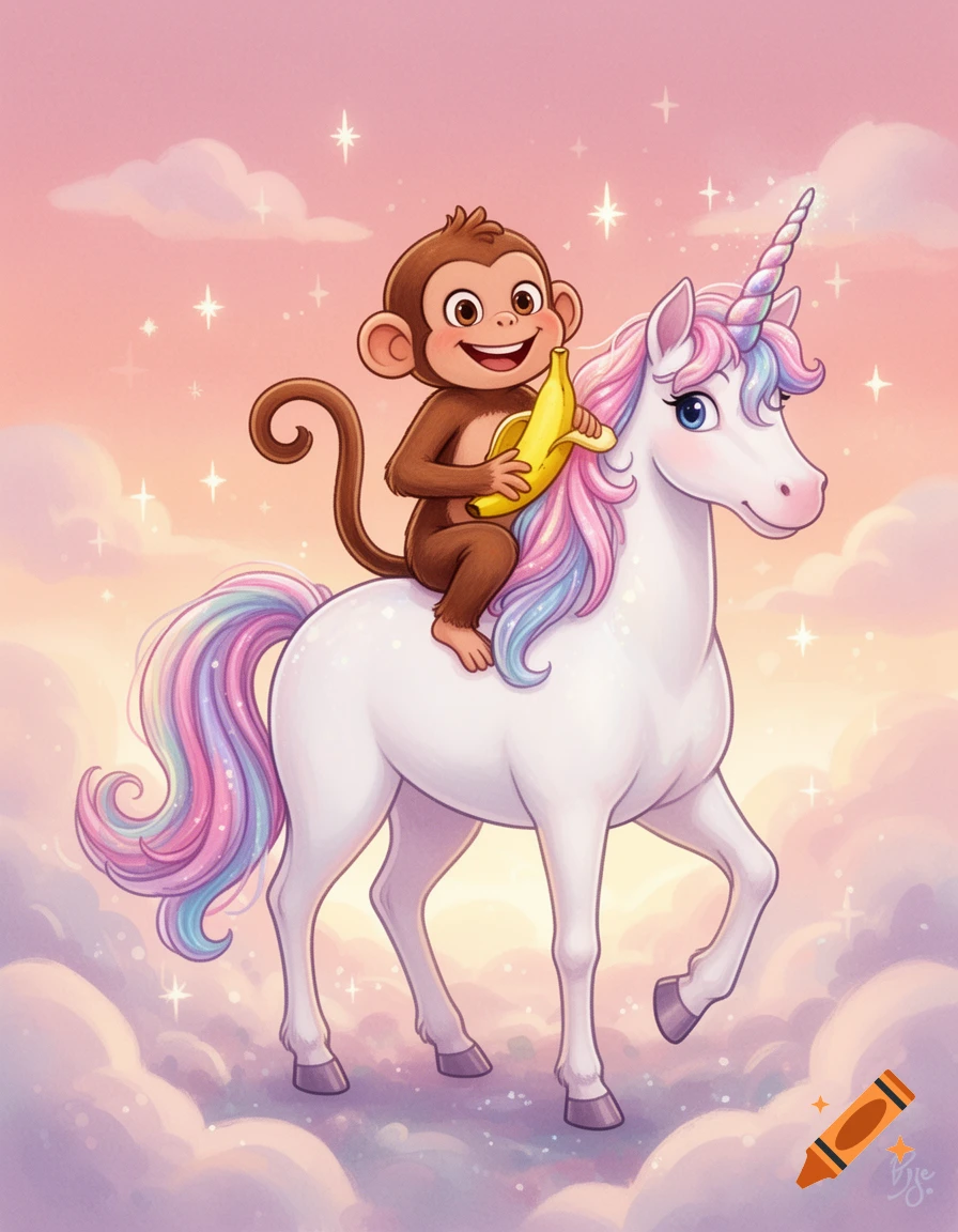 A cute cartoon monkey holding a banana rides a rainbow-maned unicorn across a pastel sky with clouds and stars.