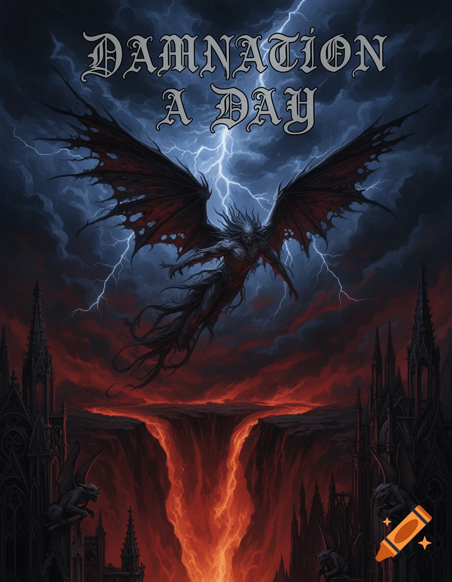 A winged demon creature flies over a fiery chasm with gothic spires under a stormy, lightning sky. Text reads 'DAMNATION A DAY'. Dark fantasy art.