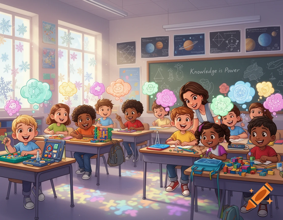A cartoon classroom scene with smiling children working at desks and a teacher observing, colorful thought bubbles above heads.