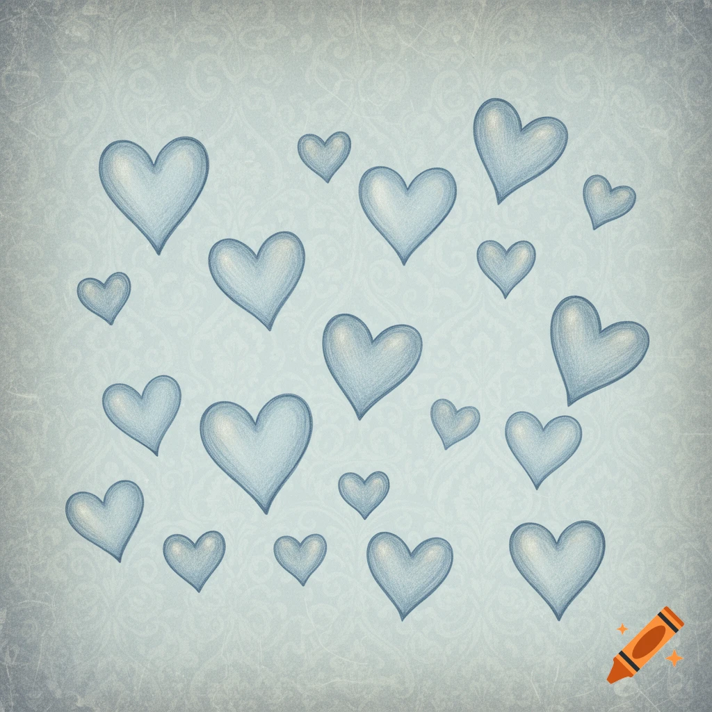 Retro-style drawing of light blue hearts scattered on a textured light blue background with a subtle damask pattern.
