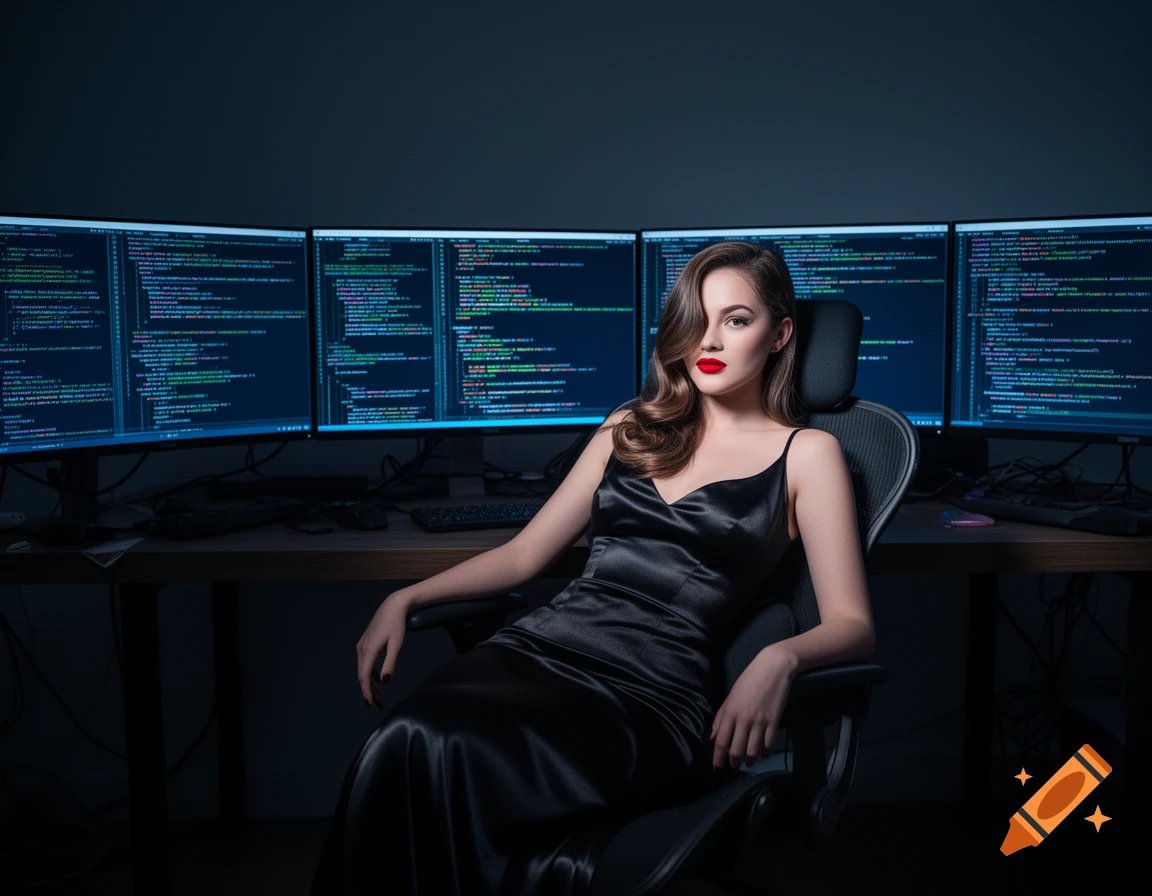 A glamorous woman in a black slip dress sits in an office chair before multiple computer monitors displaying code.
