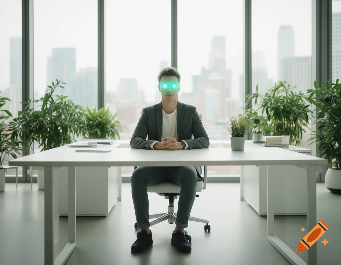 Man with glowing green eyes sits at a white desk in a modern office with plants and a city view.
