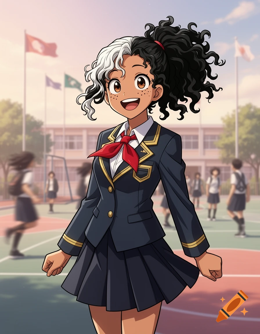 An anime girl with dark tan skin, freckles, and black curly hair with a white streak, wearing a school uniform, smiling in a schoolyard.