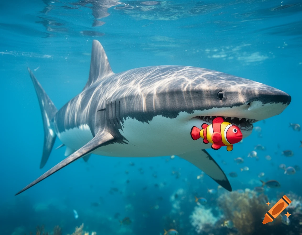 Photorealistic great white shark swimming underwater with a red and yellow toy clownfish in its mouth.