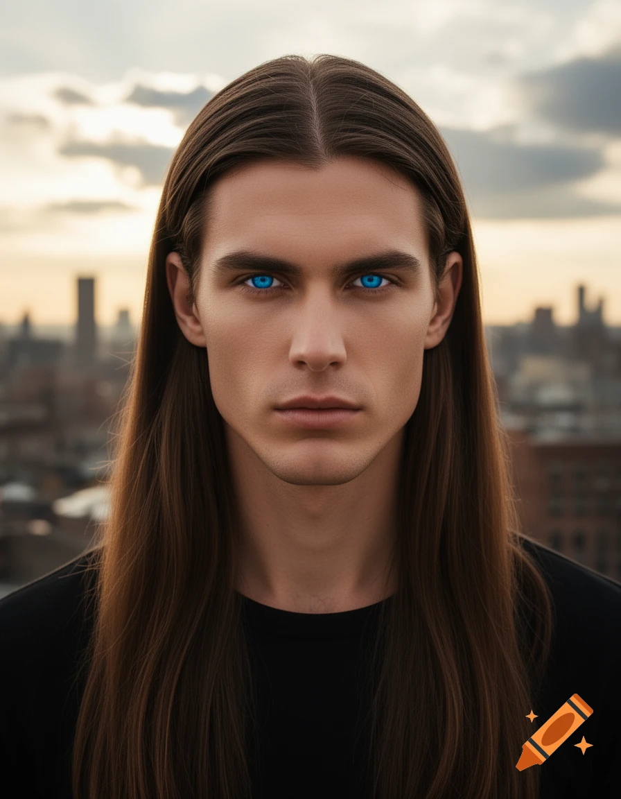 Photorealistic portrait of a man with striking blue eyes and very long straight brown hair, wearing a black shirt, against a city skyline.