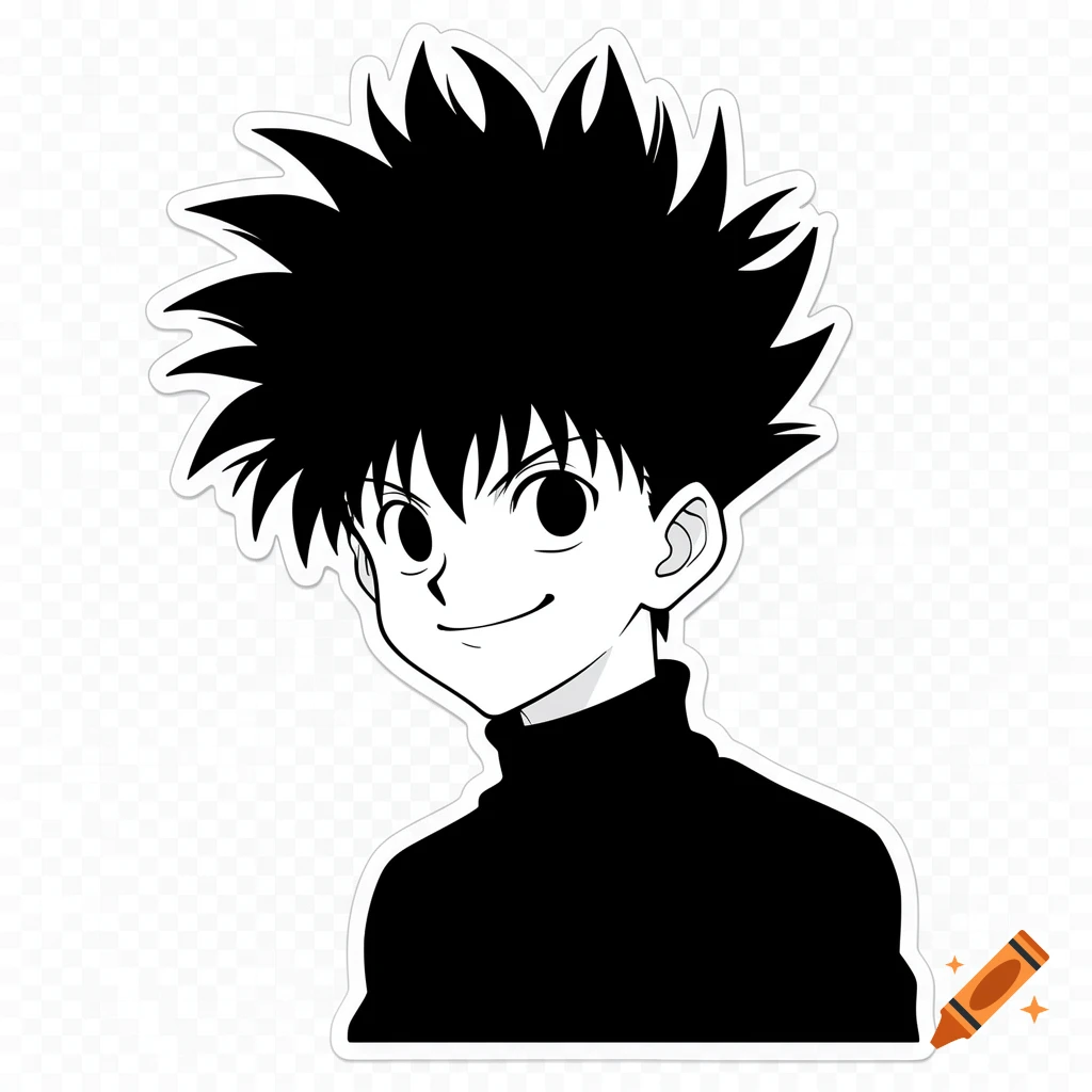 Anime-style black and white illustration of a smiling boy with spiky black hair and a black turtleneck on a transparent background.