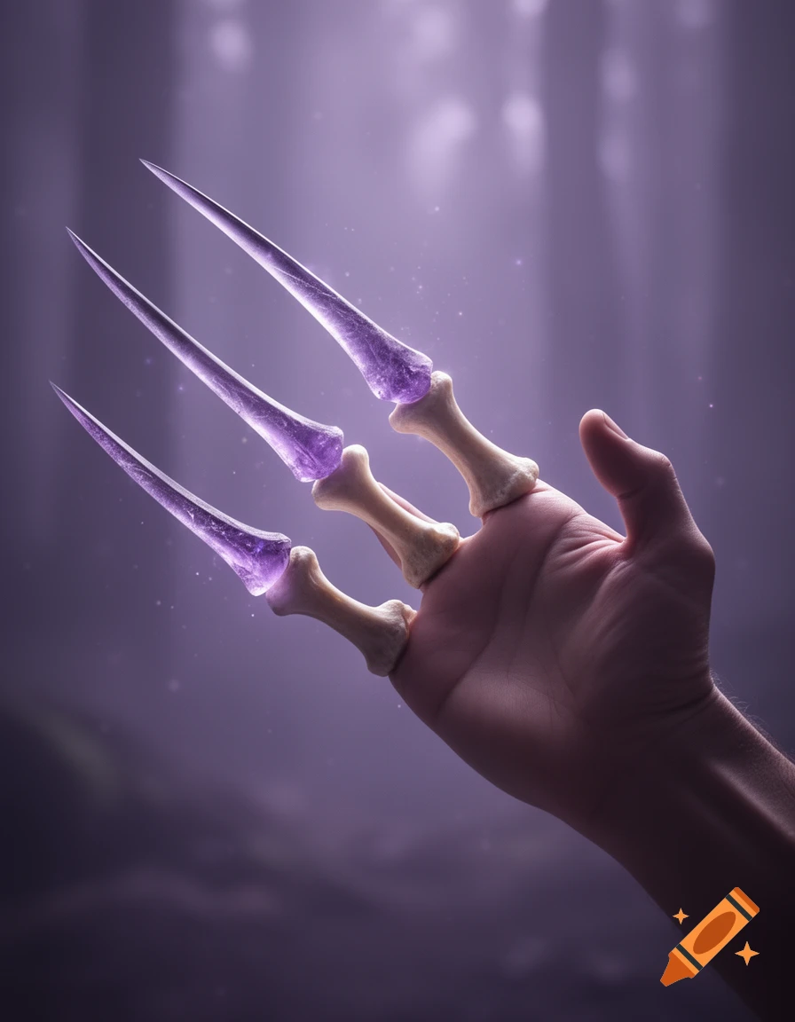 A hand with three glowing purple, crystalline claws with bone knuckles extends into a blurry purple background.
