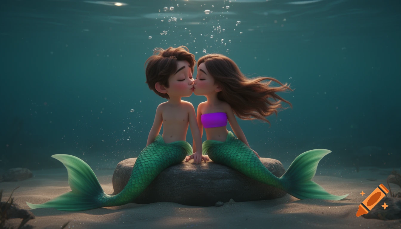 Cute cartoon mermaid boy and girl kissing on a rock underwater, with bubbles rising to the surface.