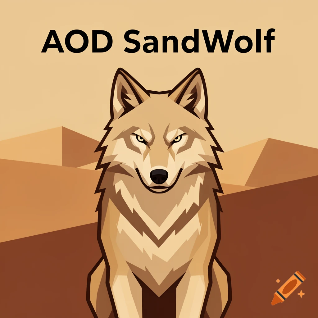 Graphic illustration of a stylized tan wolf with a stern expression, set against a desert background with text 'AOD SandWolf' above.