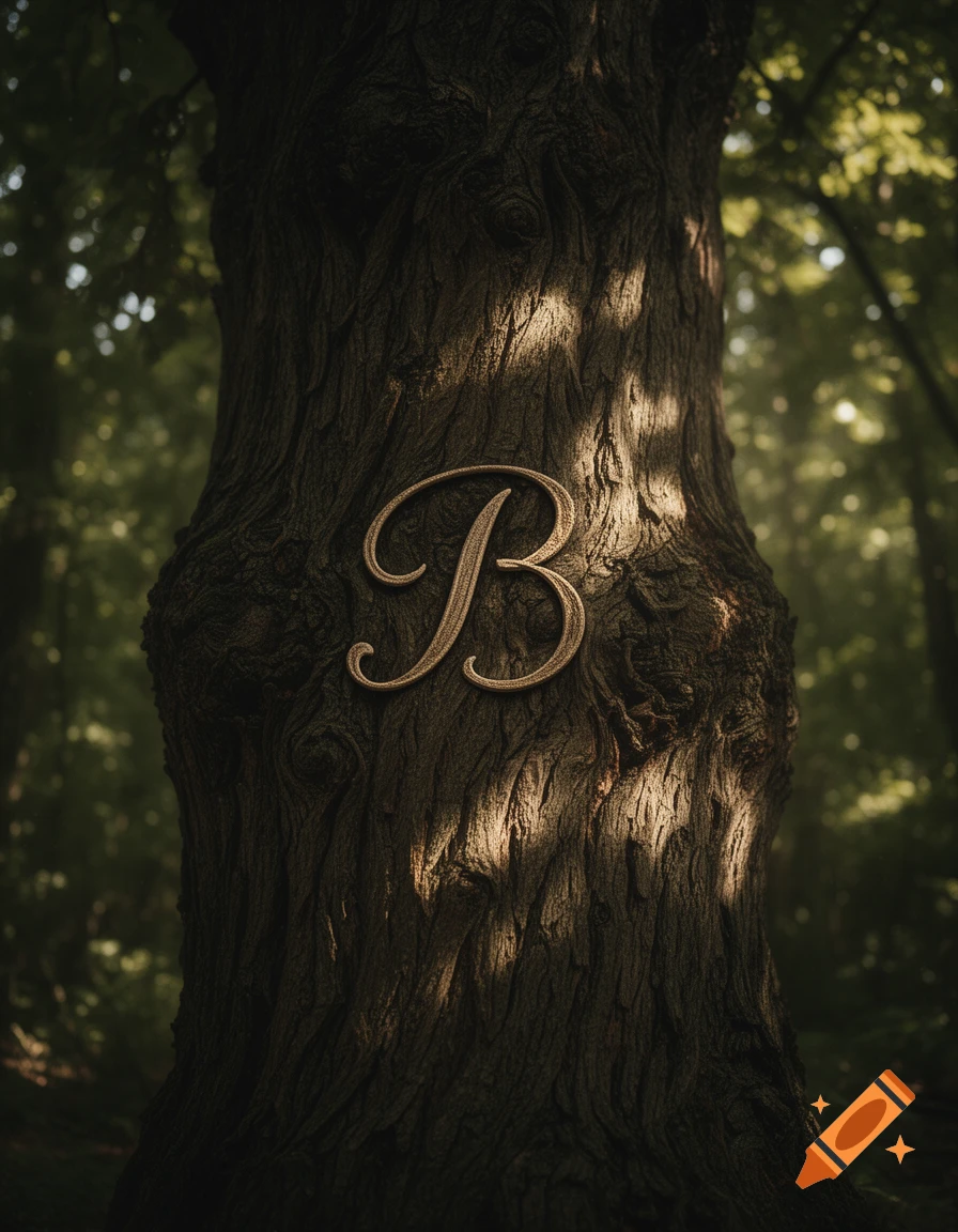 A stylized golden letter 'B' is carved into the textured bark of a large tree trunk in a sunlit forest.