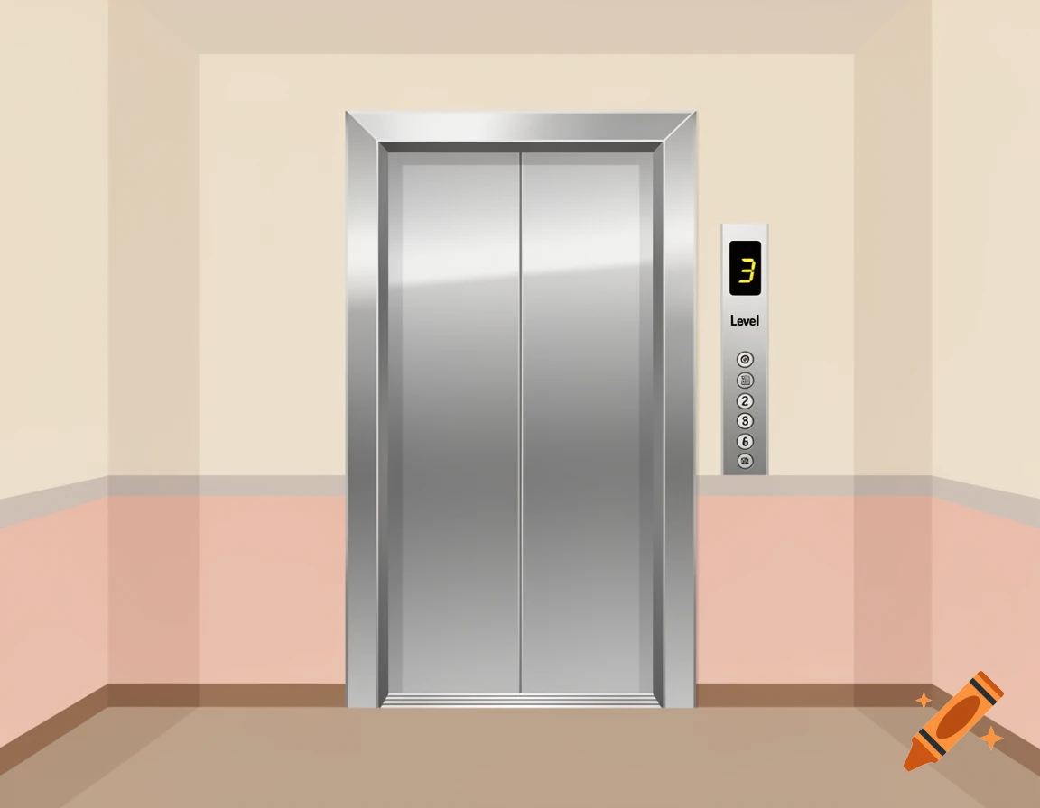 A graphic illustration of a metallic elevator door on a light-colored wall with an illuminated control panel showing 'Level 3'.