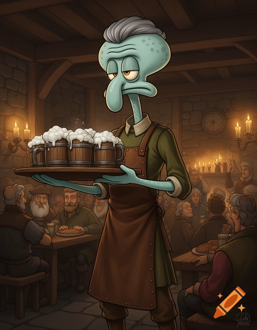 Squidward Tentacles as a medieval tavern server, carrying a tray of frothy beer steins in a dimly lit, bustling inn.