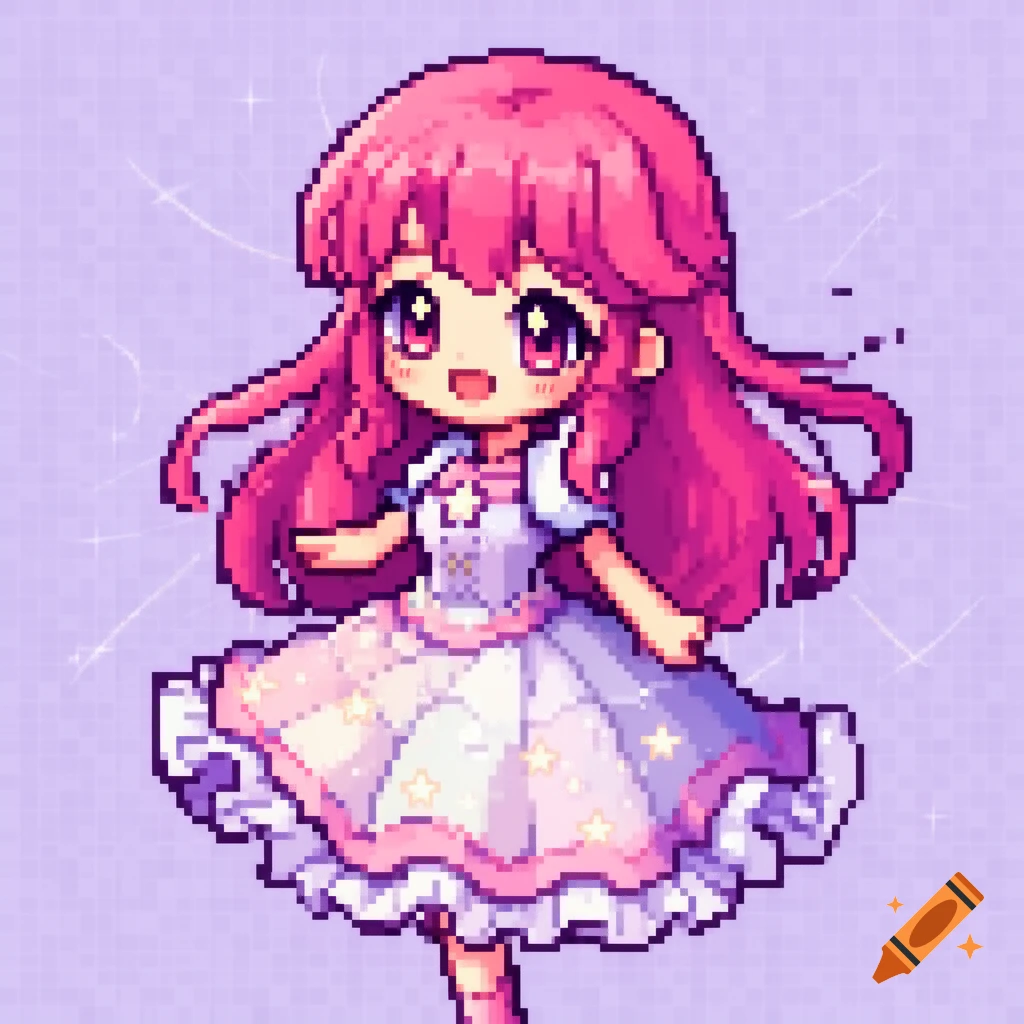 Pixel art anime girl with pink hair and a sparkly dress on a light purple background.