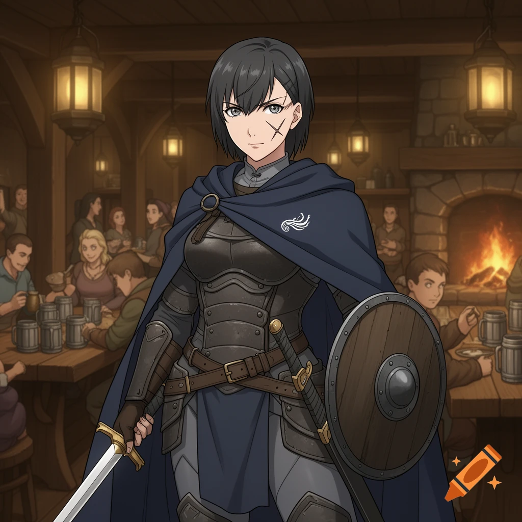 A short-haired female warrior in dark armor and a blue cloak, holding a sword and shield, stands in a bustling fantasy tavern. Anime style.