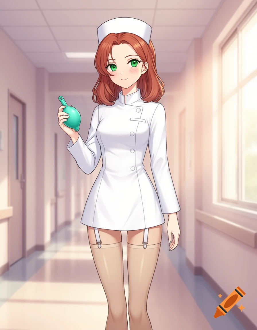 Anime-style female nurse in a white uniform, beige stockings with garters, holding a teal enema bulb in a hospital hallway.