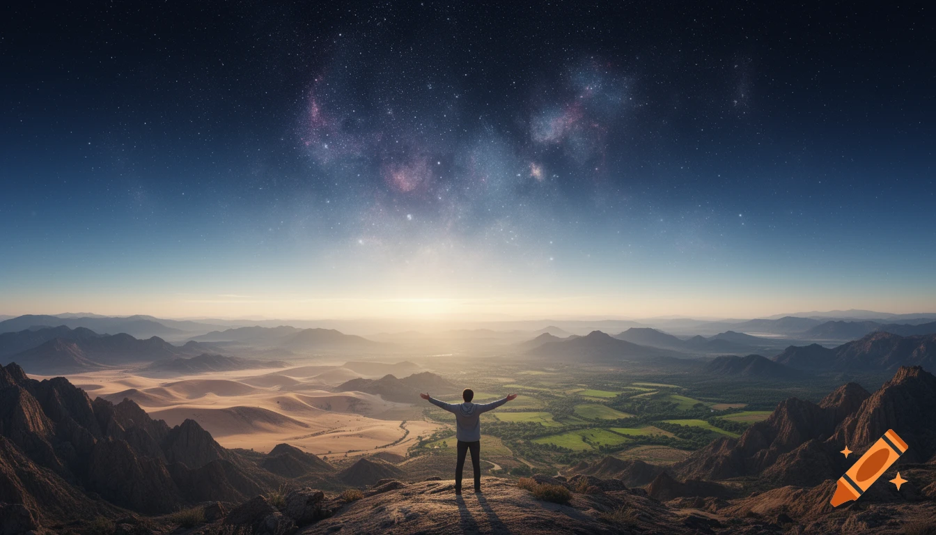 Person with outstretched arms on a mountaintop, viewing a vast landscape of deserts and fields under a starry twilight sky.