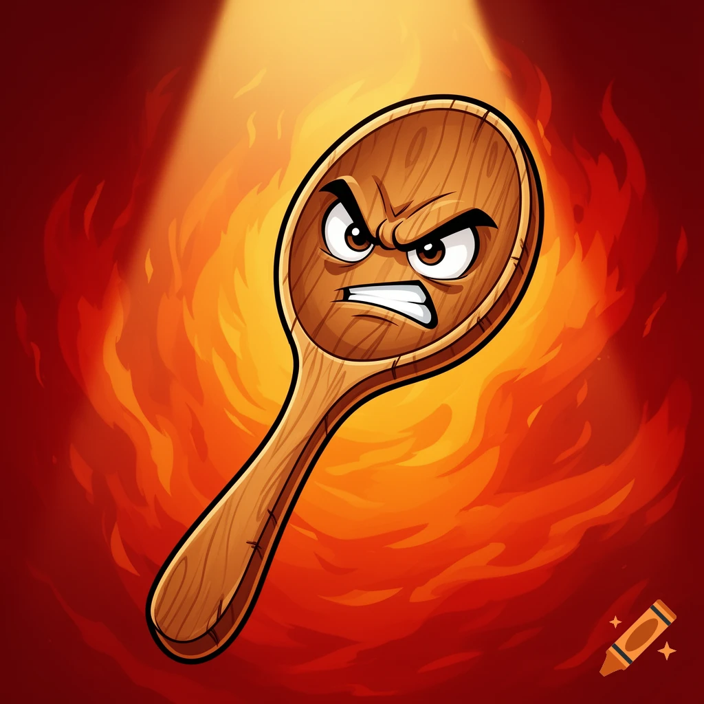 A cartoon angry wooden spoon with furrowed brows, surrounded by stylized orange and red flames.