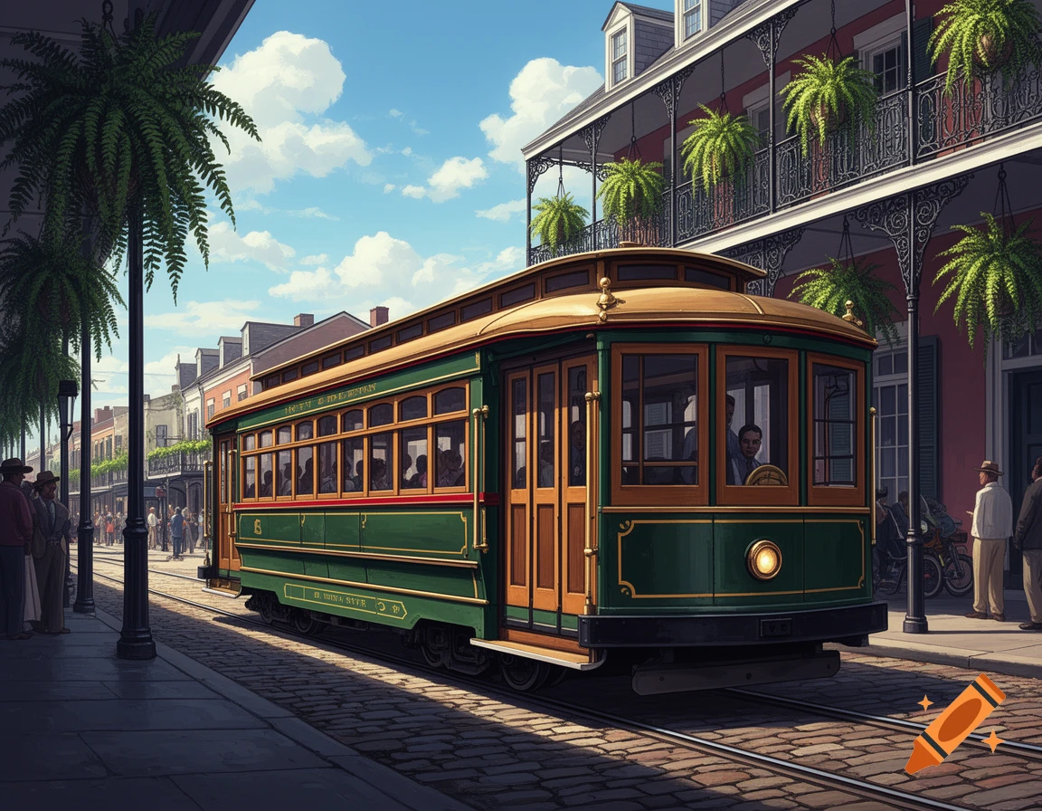 A vintage green and gold streetcar on a cobblestone street in New Orleans, with historic buildings and palm trees under a blue sky.