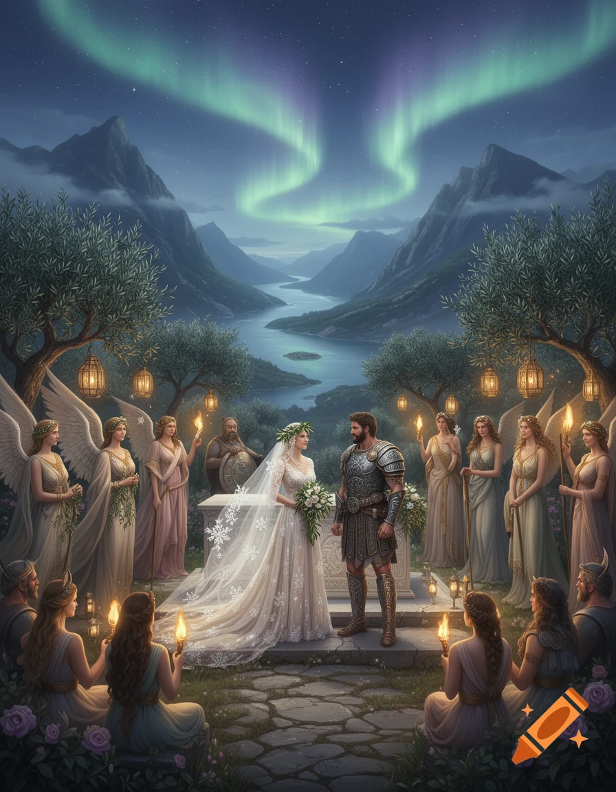Fantastical wedding under aurora borealis: a bride, groom, winged figures, and guests in a mountainous landscape.