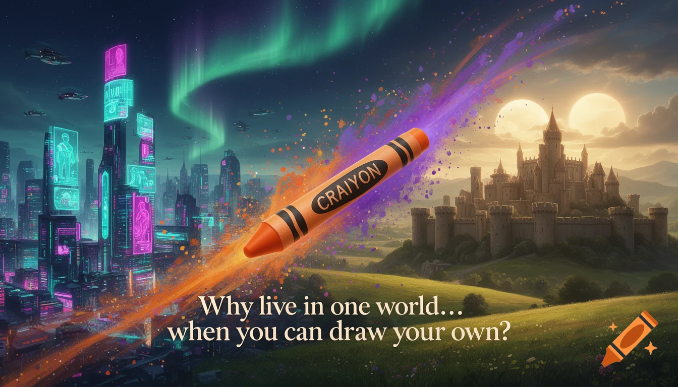 A surreal landscape merging a neon cyberpunk city under green aurora with a medieval castle under twin suns, linked by a floating orange crayon.