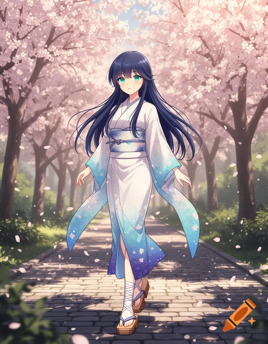 Anime girl with long dark hair and teal eyes, wearing a white and blue kimono, walking on a stone path under blooming cherry blossom trees.