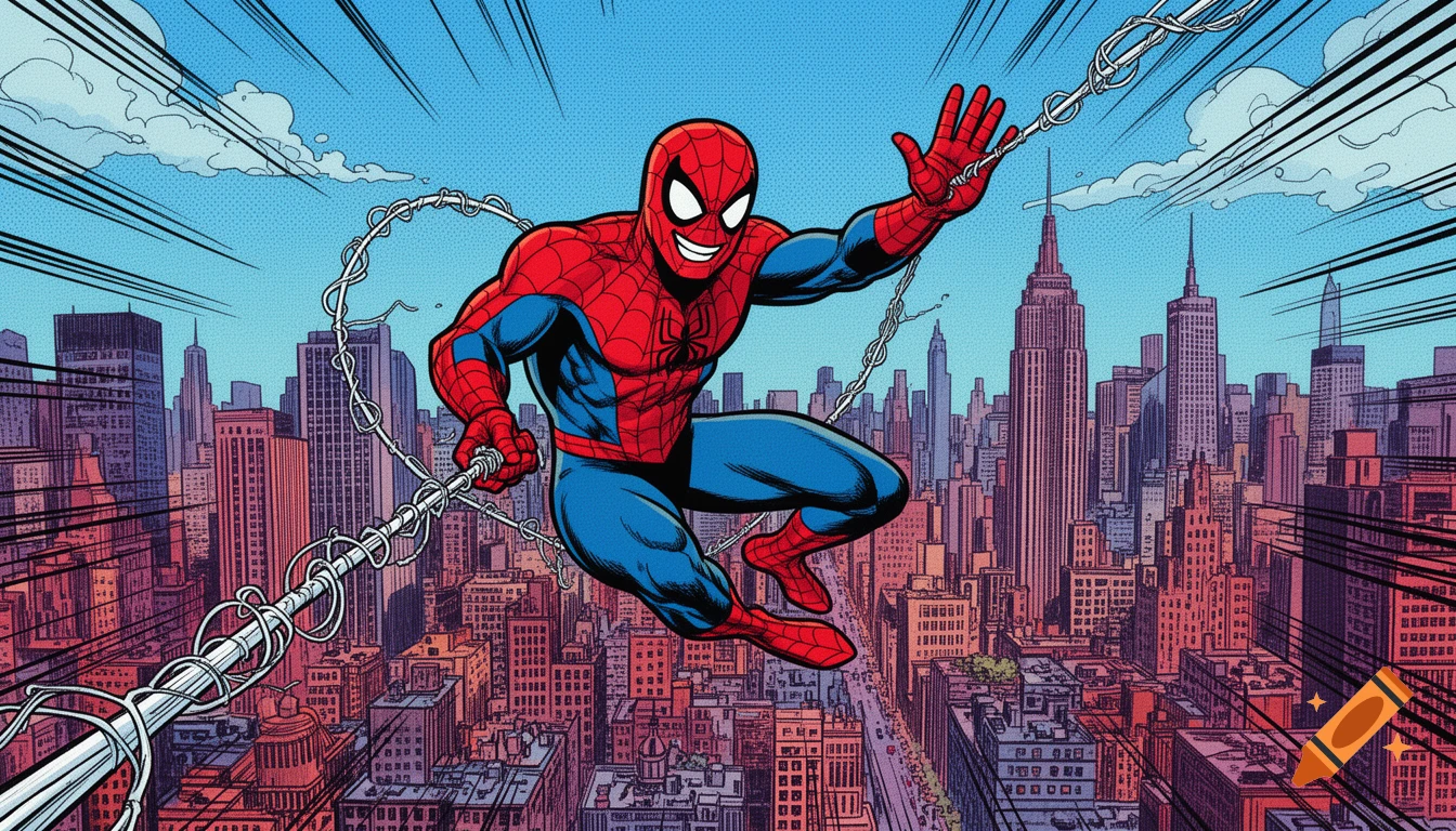 Spider-Man swings through a bustling cityscape with the Empire State Building visible, depicted in a classic comic book style with speed lines.