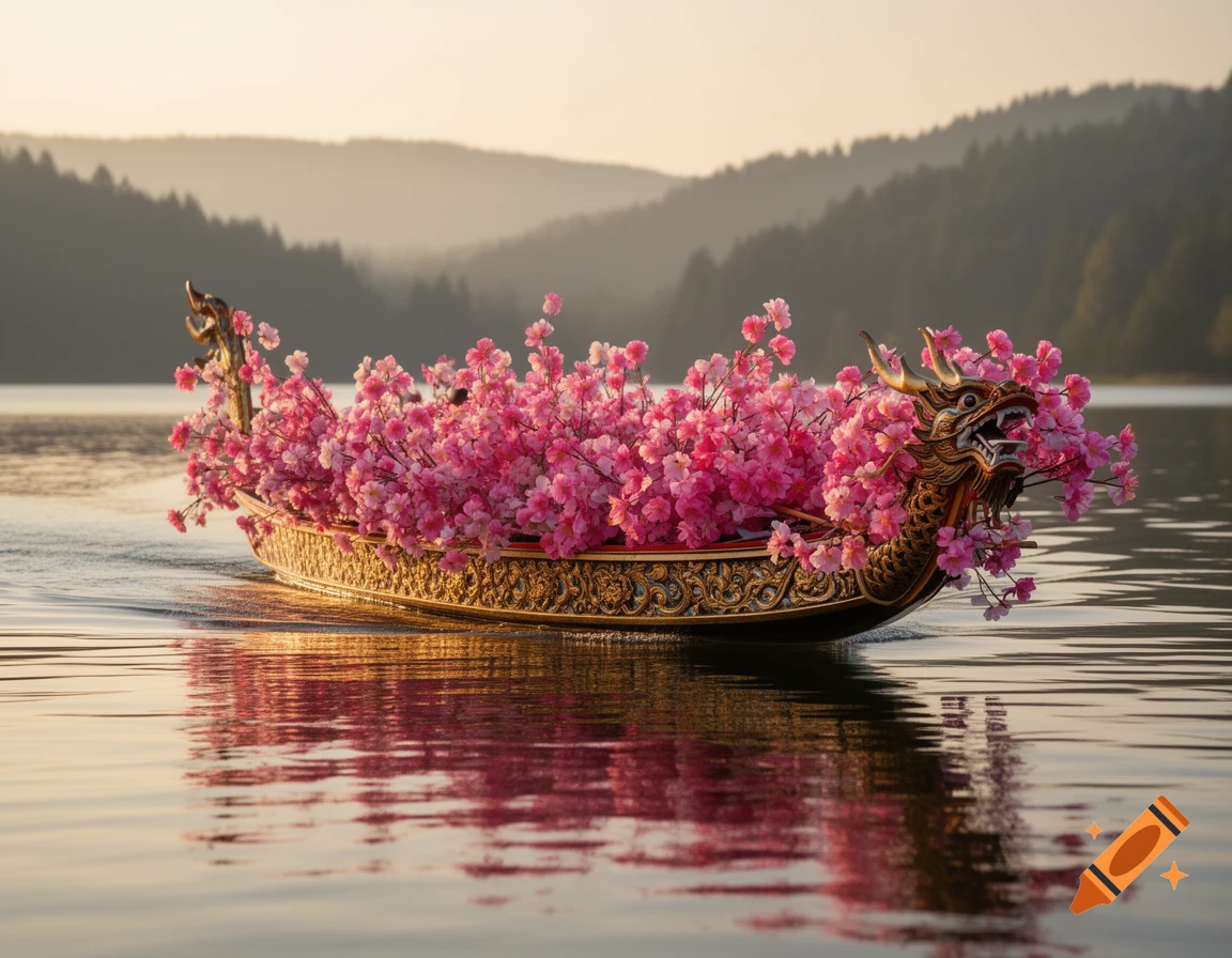 A traditional dragon boat, overflowing with vibrant pink flowers, glides on calm water with misty mountains at sunset.