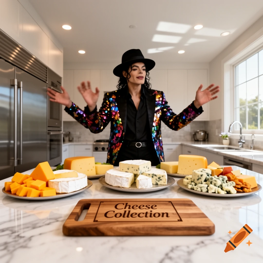 Michael Jackson in a sequined jacket in a modern kitchen, standing behind a marble counter laden with various cheeses. A board reads 'Cheese Collection'.
