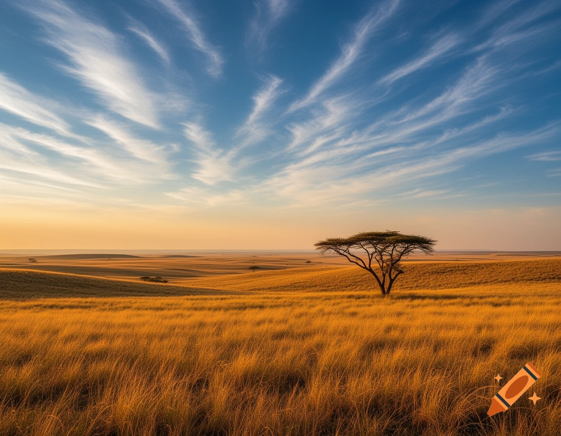 A lone acacia tree stands in a vast, golden savannah under a wide blue sky with wispy clouds at sunset.
