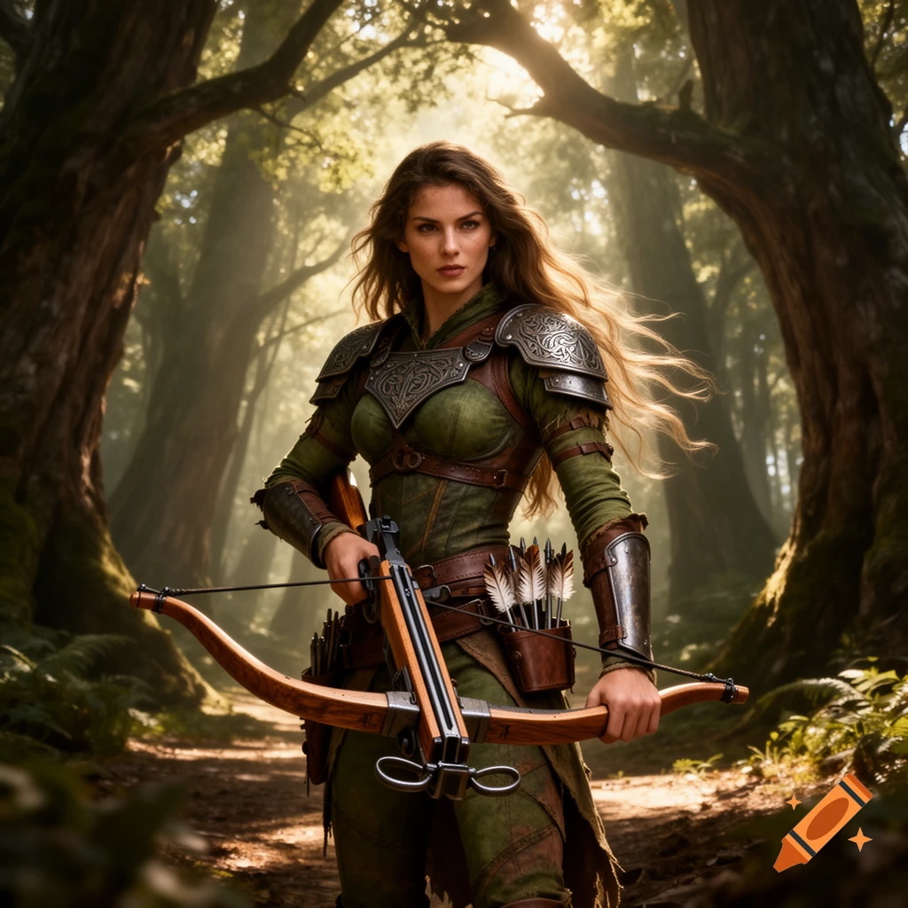 Photorealistic image of a female fantasy archer in ornate armor, holding a crossbow in a sunlit, mystical forest.