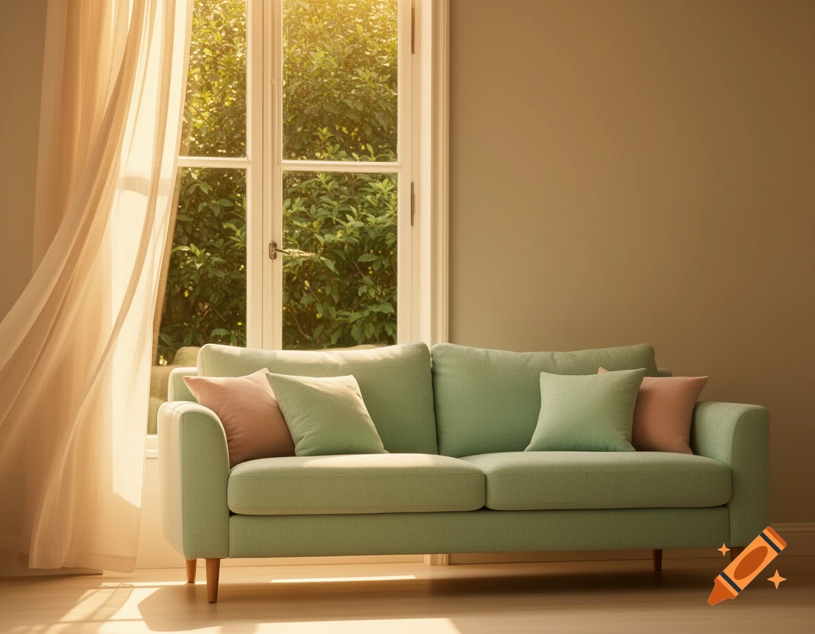 Photorealistic image of a mint green sofa with pillows by a window with sheer curtains, bathed in warm sunlight.