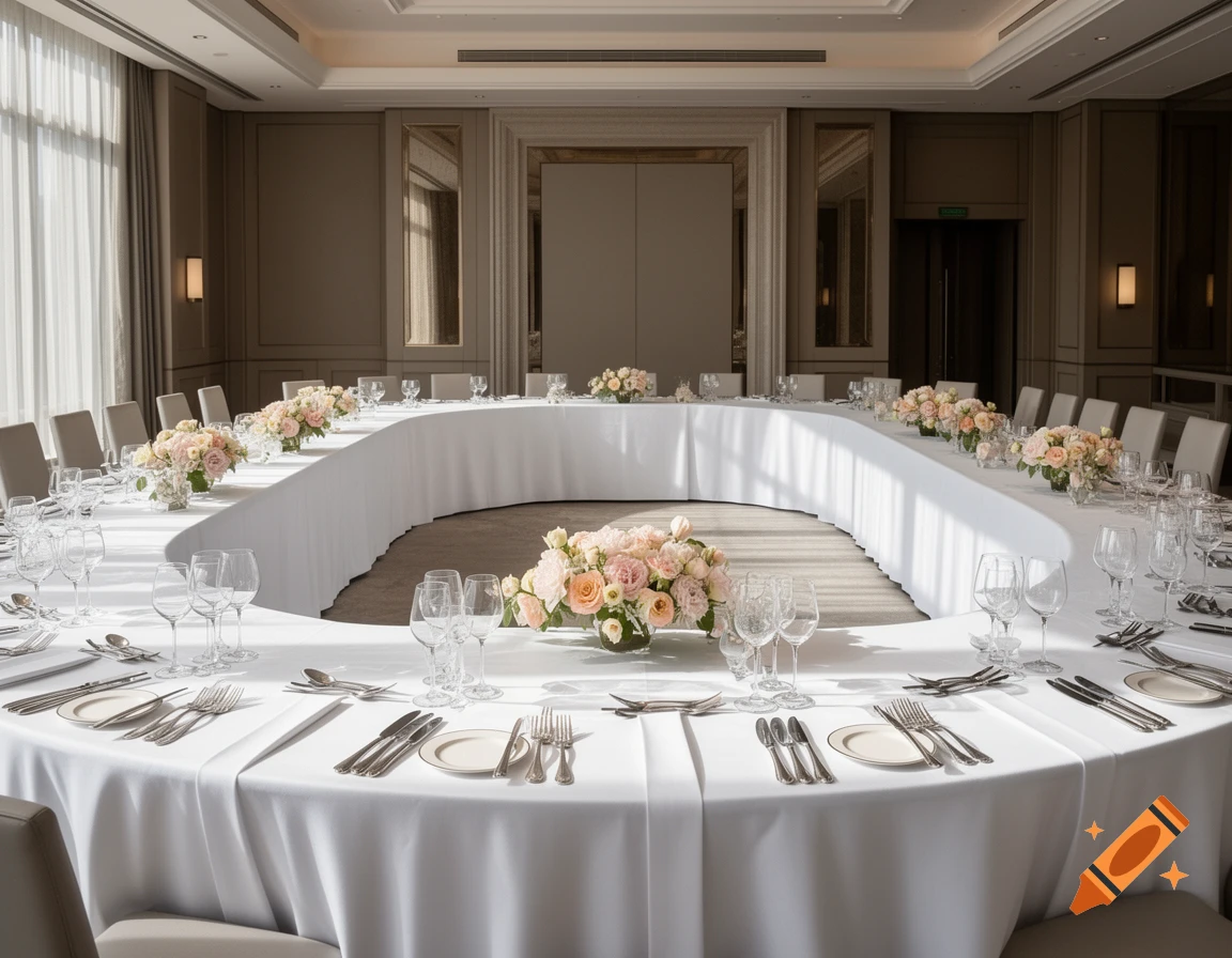 A formal horseshoe-shaped table set with white tablecloths, glassware, cutlery, and pink floral centerpieces in a modern conference room.