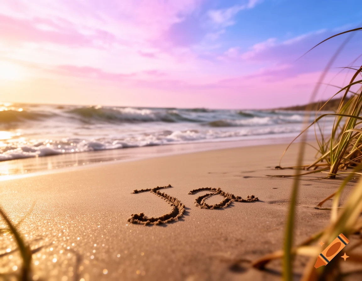 The word 'Ja' written in the sand on a beach at sunset, with waves crashing and a vibrant sky.