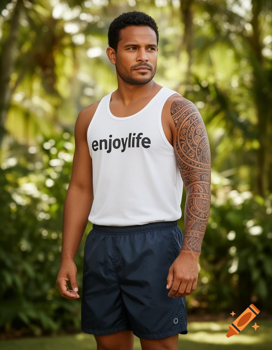 Photorealistic portrait of a Polynesian man with a tattooed arm, wearing a white "enjoylife" tank top and navy shorts, standing outdoors.