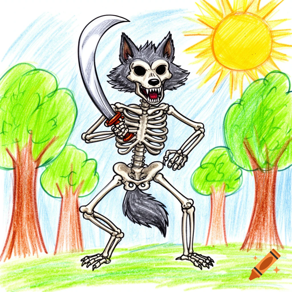 A child's drawing of a skeleton werewolf holding a scimitar, standing in a field with trees and a sun.