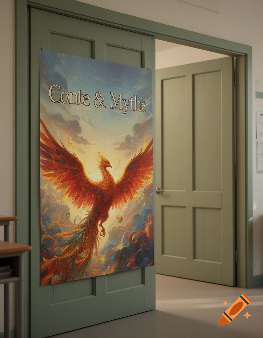 A vibrant poster with a fiery phoenix flying against a dramatic sky, titled 'Conte & Mythe', hanging on a green door in a room.
