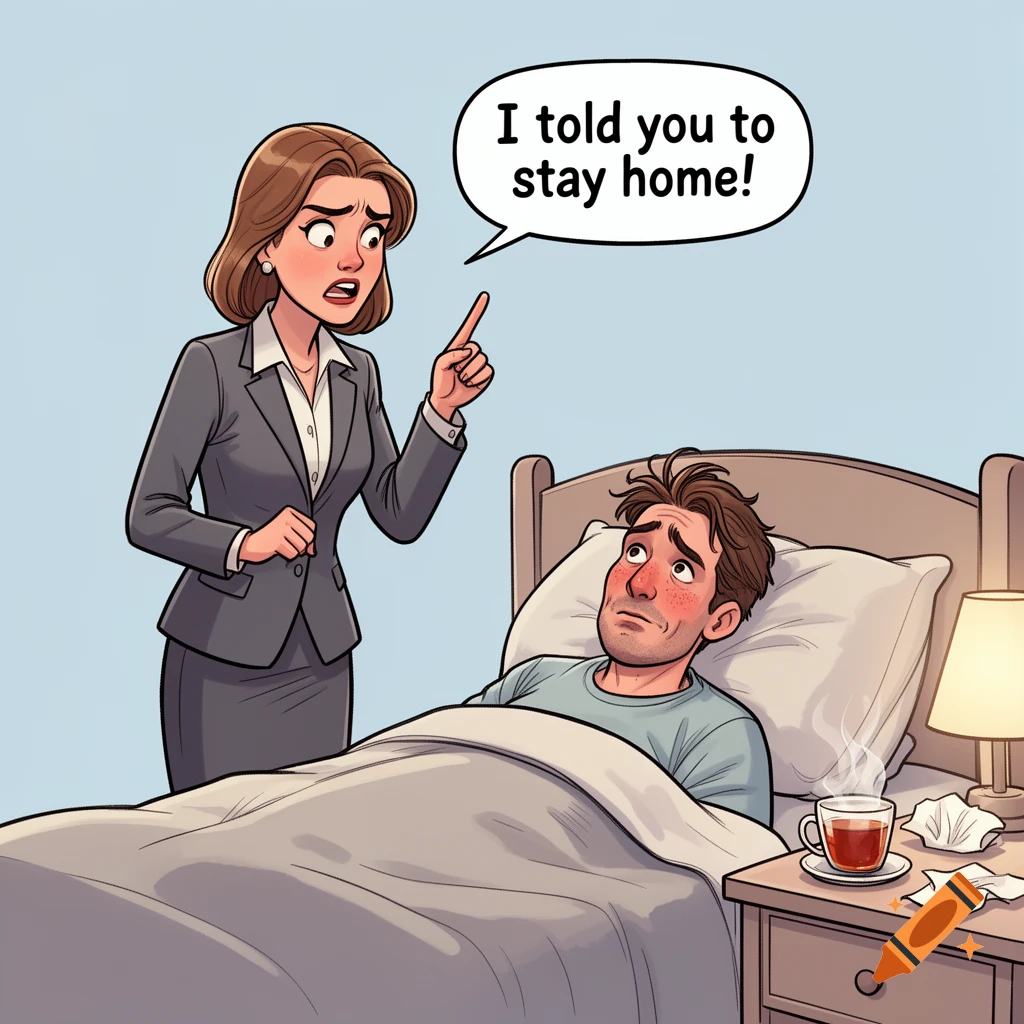 Cartoon of a woman in business attire scolding a sick man in bed with a speech bubble that says 'I told you to stay home!'.