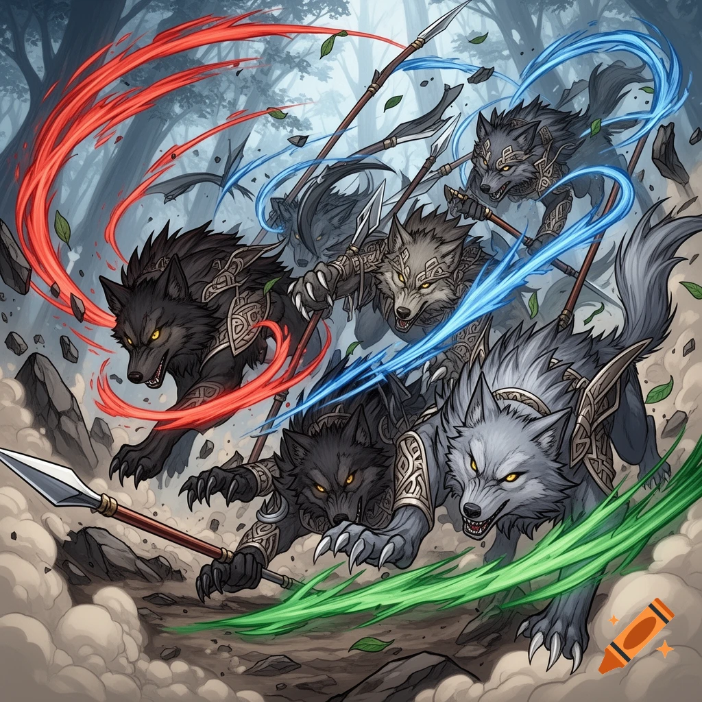 A pack of armored, stylized wolves with glowing eyes and spears charge in a forest with swirling red, blue, and green energy in an anime style.
