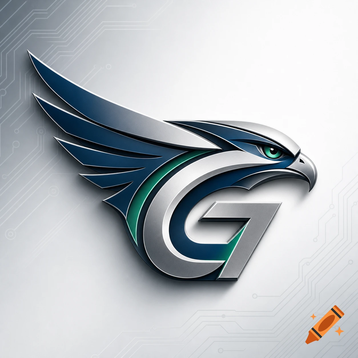 A stylized metallic hawk head logo in blue, silver, and green, integrated with a large letter 'G', set against a circuit board pattern.