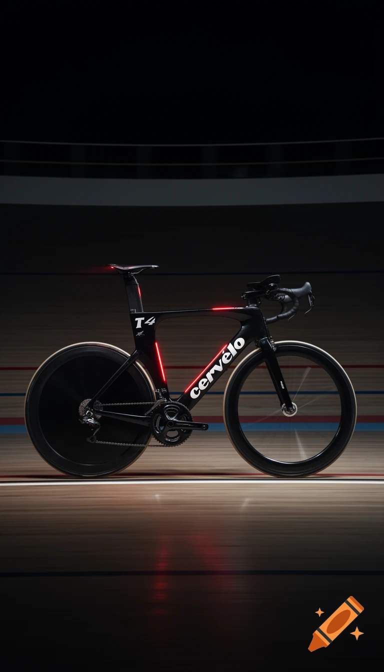A sleek black carbon Cervélo T4 track bicycle with red lights on a velodrome track at night, presented in a cinematic style.