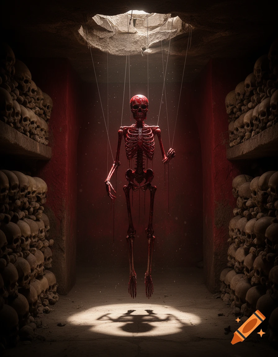 A stylized red skeleton, covered in blood, hangs like a puppet from strings in a dark catacomb chamber with walls lined by piles of human skulls.